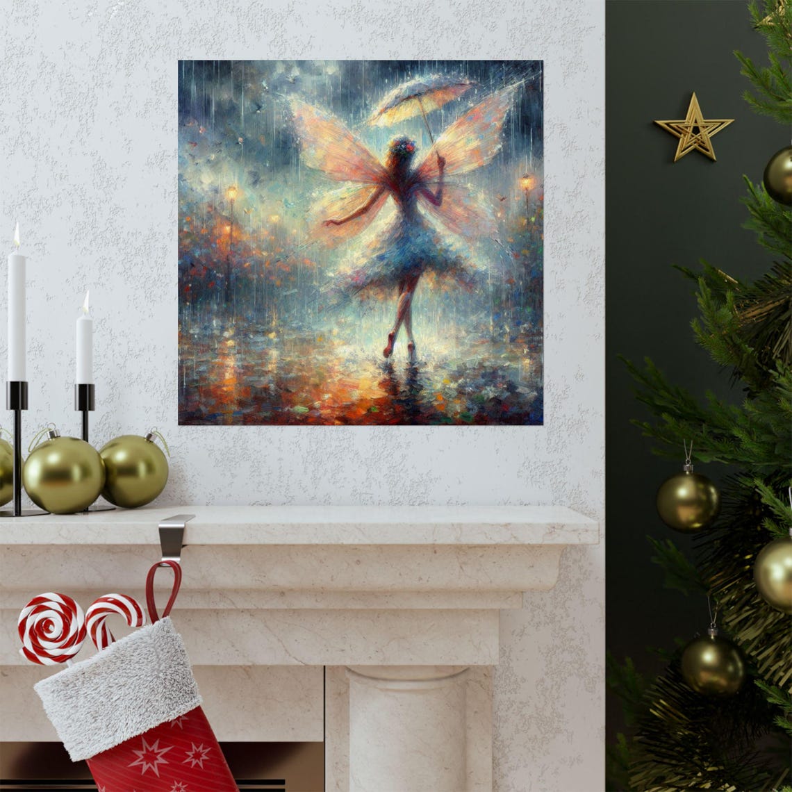 Fairy Dancing in Rain Twirling Umbrella Night Fantasy Art Poster - Image 3