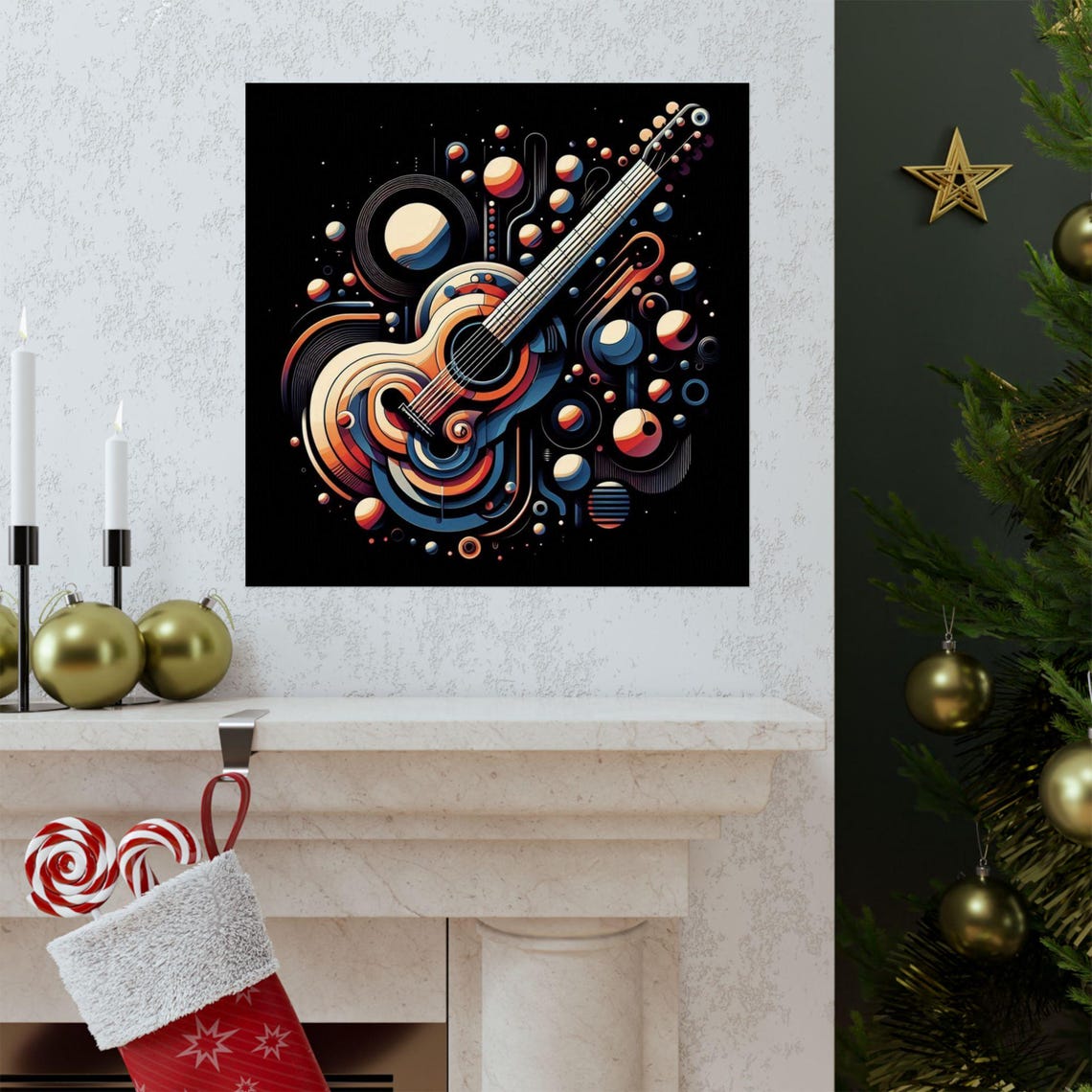 Abstract Acoustic Guitar with Planets Music Art Poster on Black - Image 3