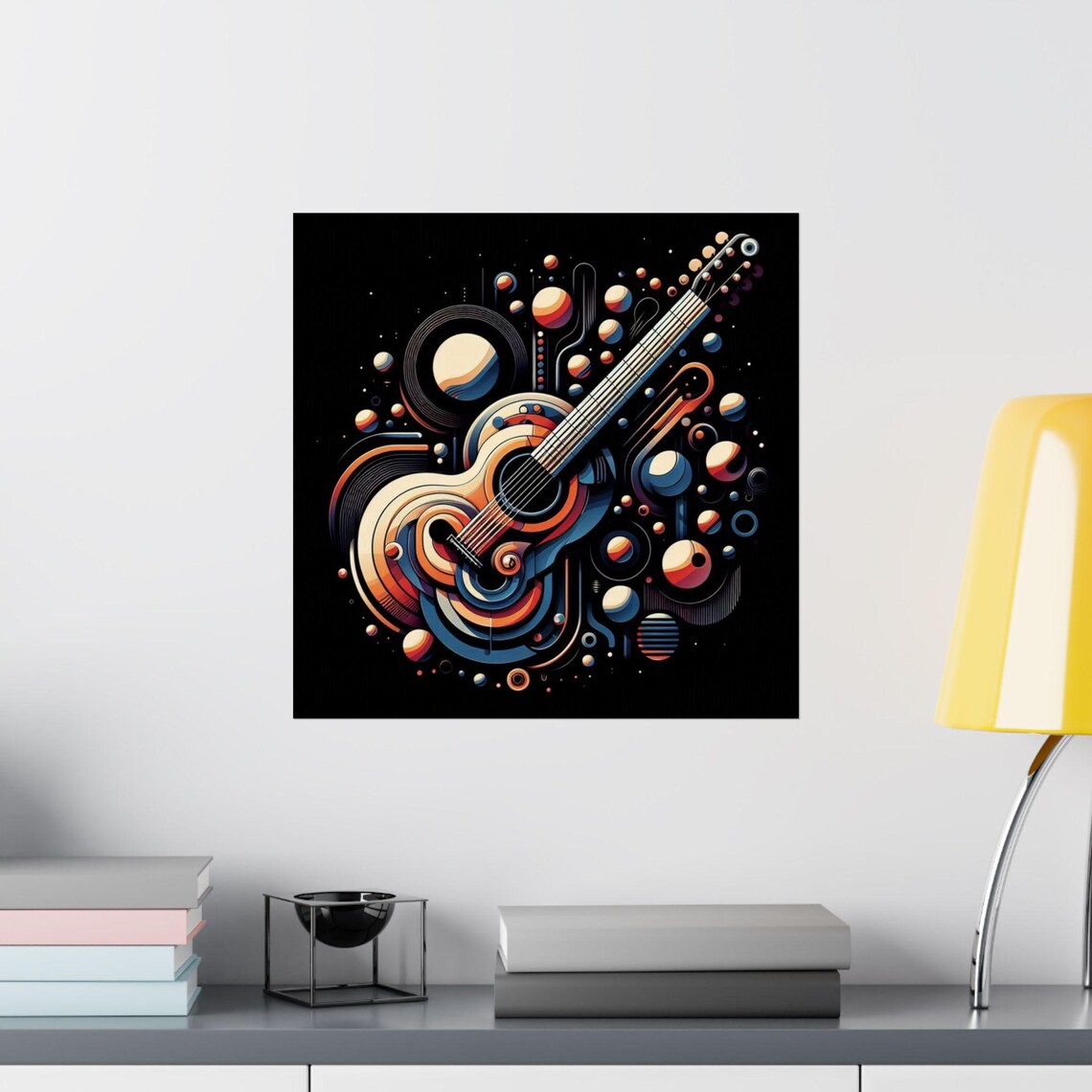 Abstract Acoustic Guitar with Planets Music Art Poster on Black - Image 2