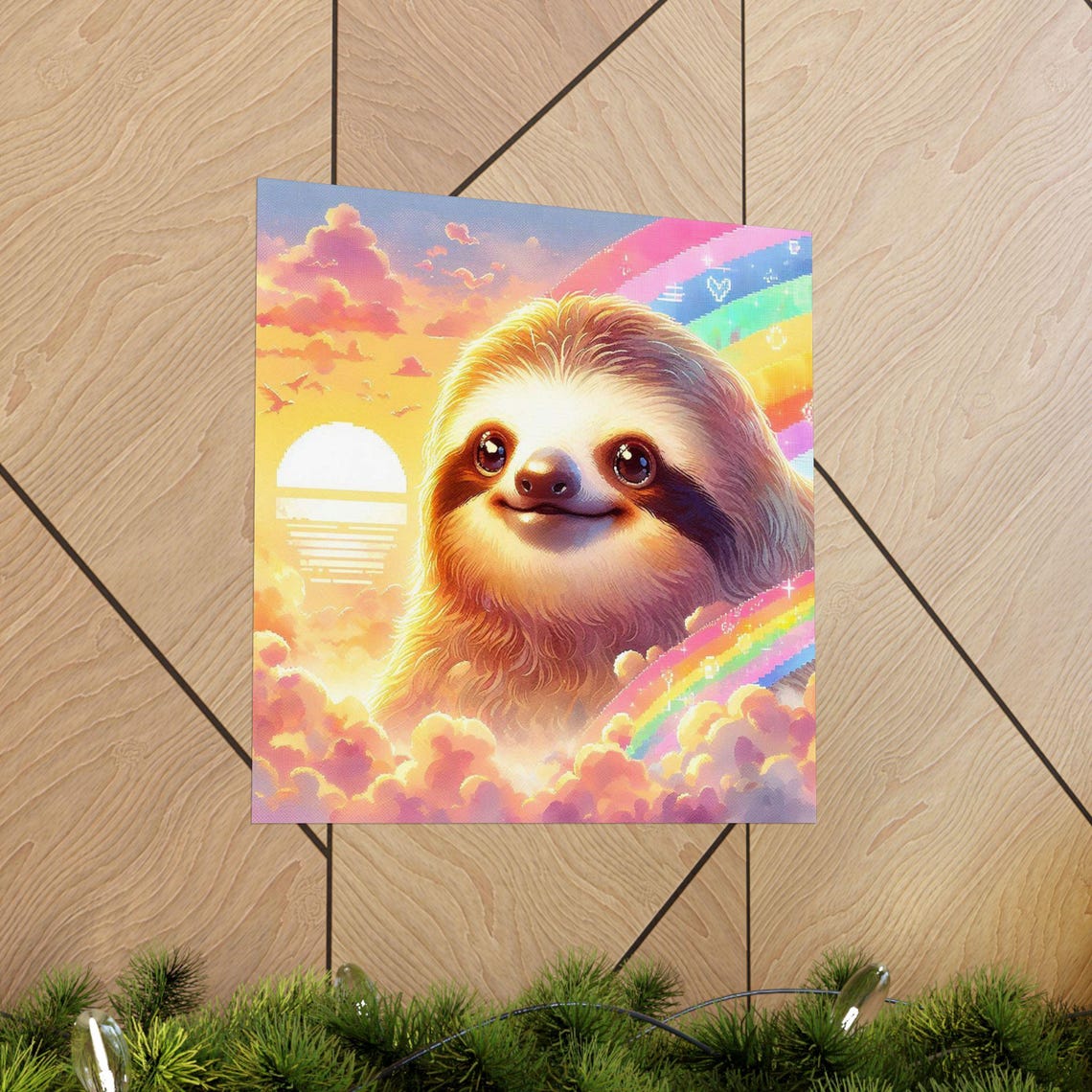 Smiling Sloth under Rainbow Sunset Sky Funny Animal Art Poster - Image 5