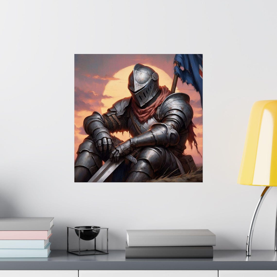 Weary Knight in Armor Kneeling at Epic Sunset Battlefield Poster - Image 2