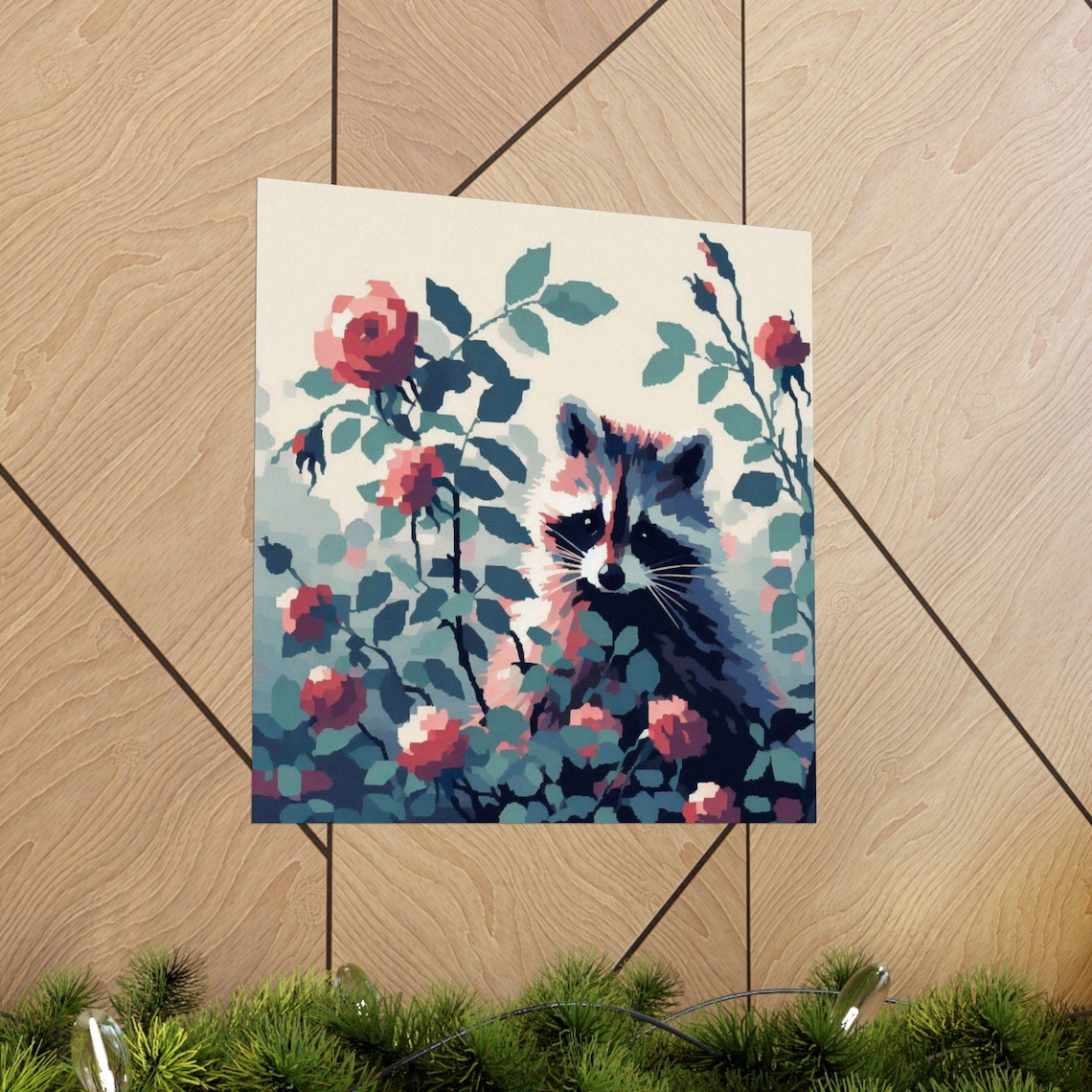 Curious Raccoon Peeking Through Red Rose Blooms Botanical Poster