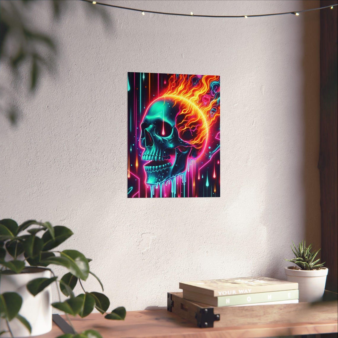 Neon Flaming Skull with Melting Drips on Dark Background Poster - Image 4