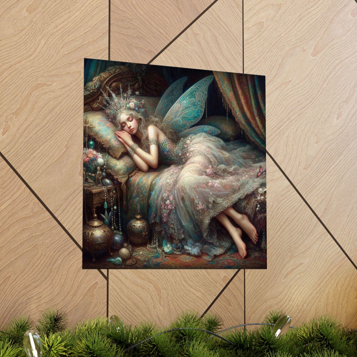 Sleeping Fairy Dreaming on an Ornate Velvet Flower Canopy Bed Poster