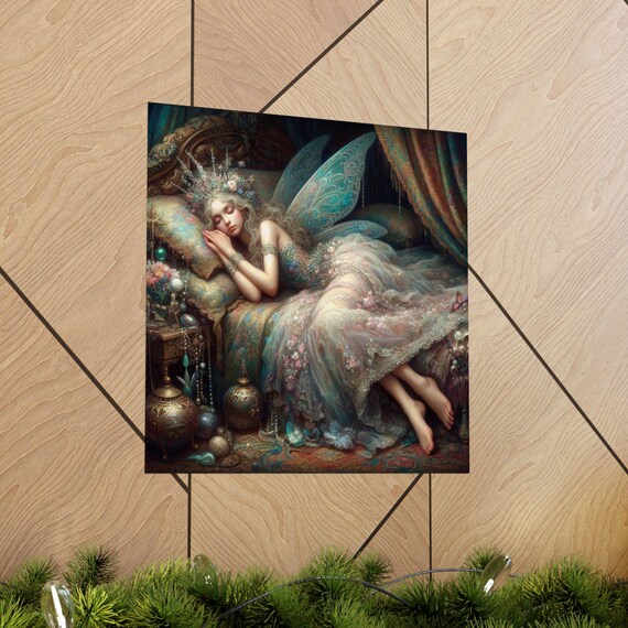 Sleeping Fairy Dreaming on an Ornate Velvet Flower Canopy Bed Poster
