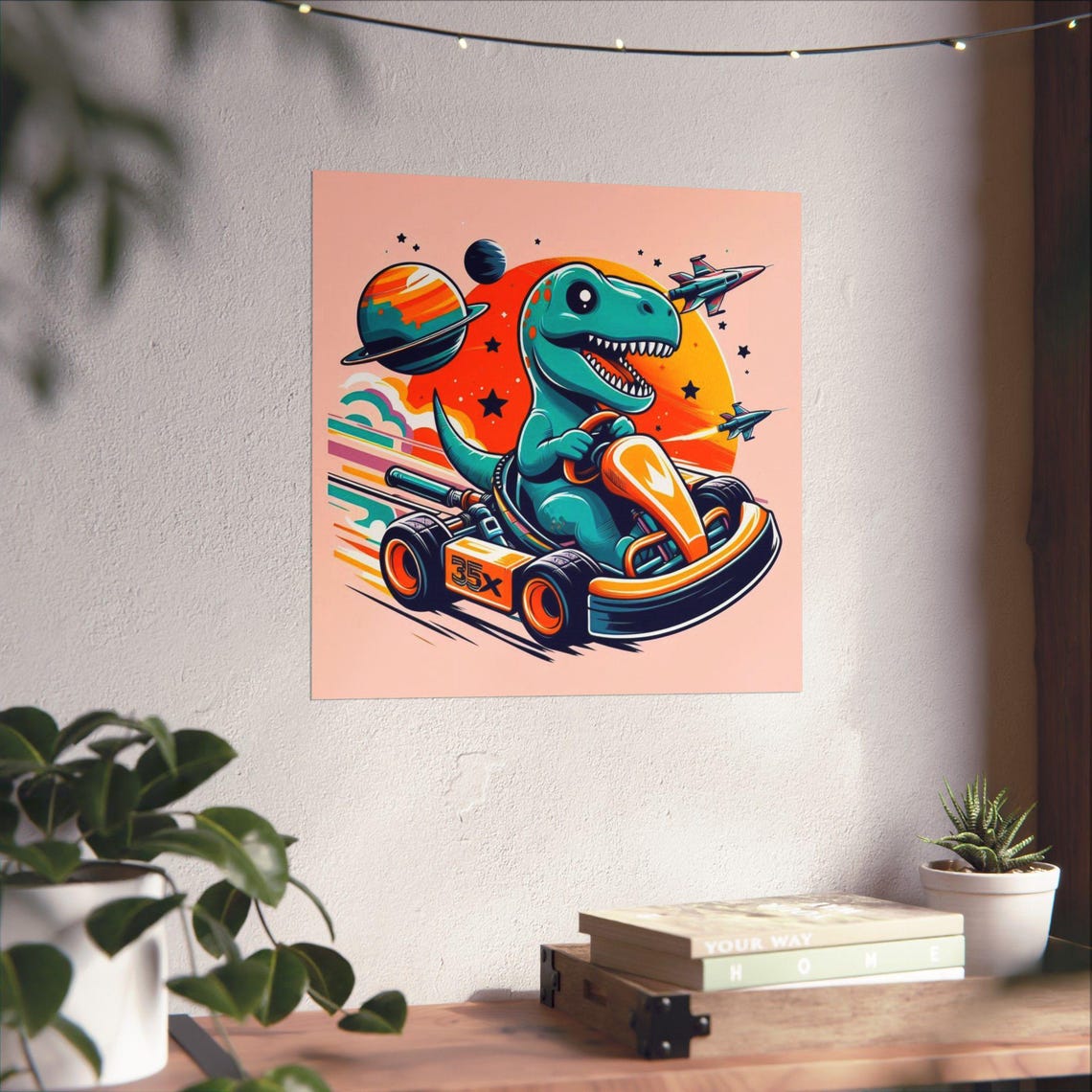 Cheerful Dinosaur Racing a Go Kart Through Outer Space Art Poster - Image 4