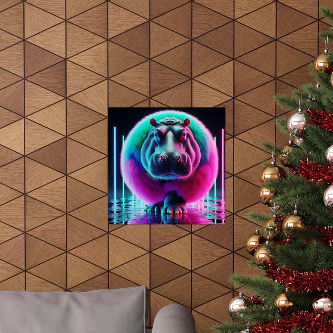 Neon Fluffy Hippo in Cyberpunk Street Style Funny Animal Art Poster - Image 6