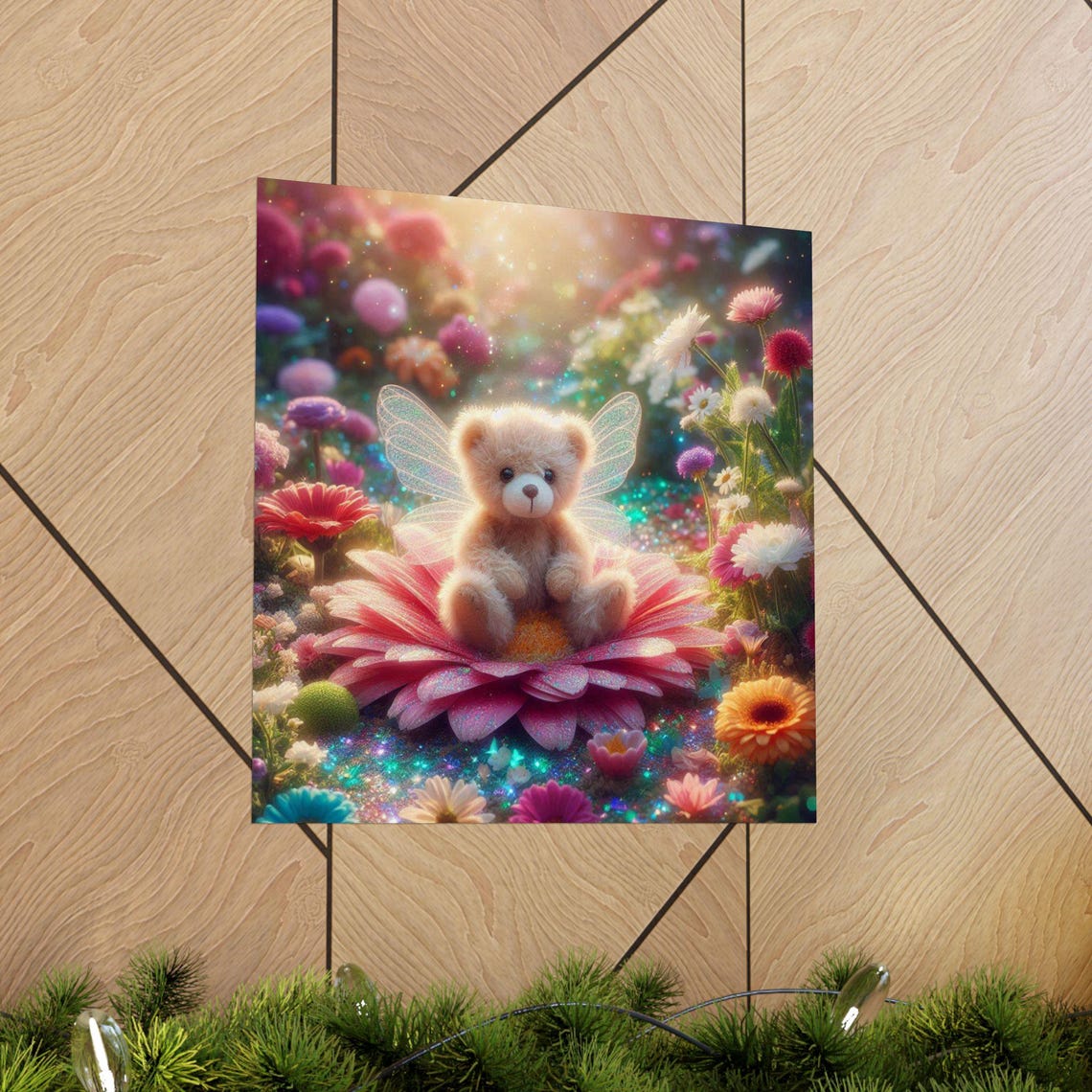 Cute Teddy Bear with Fairy Wings Sitting on a Pink Flower Poster