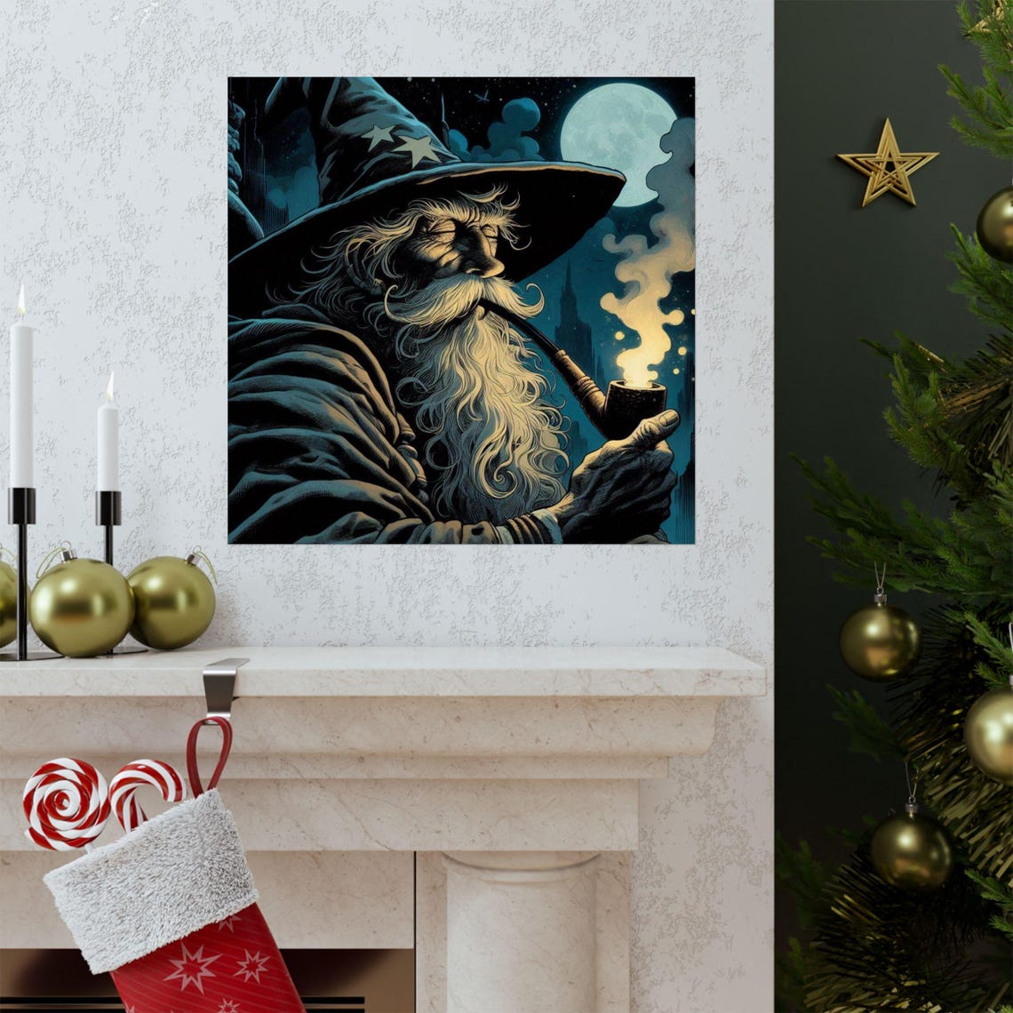Wise Old Wizard Smoking a Pipe Under a Full Moon Night Poster - Image 3