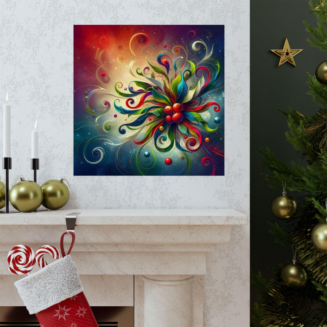 Colorful Floral Swirl with Red Berries Festive Abstract Poster - Image 2