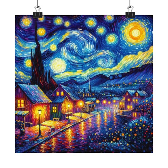 Starry Night Village Glowing Under a Swirling Sky Art Poster