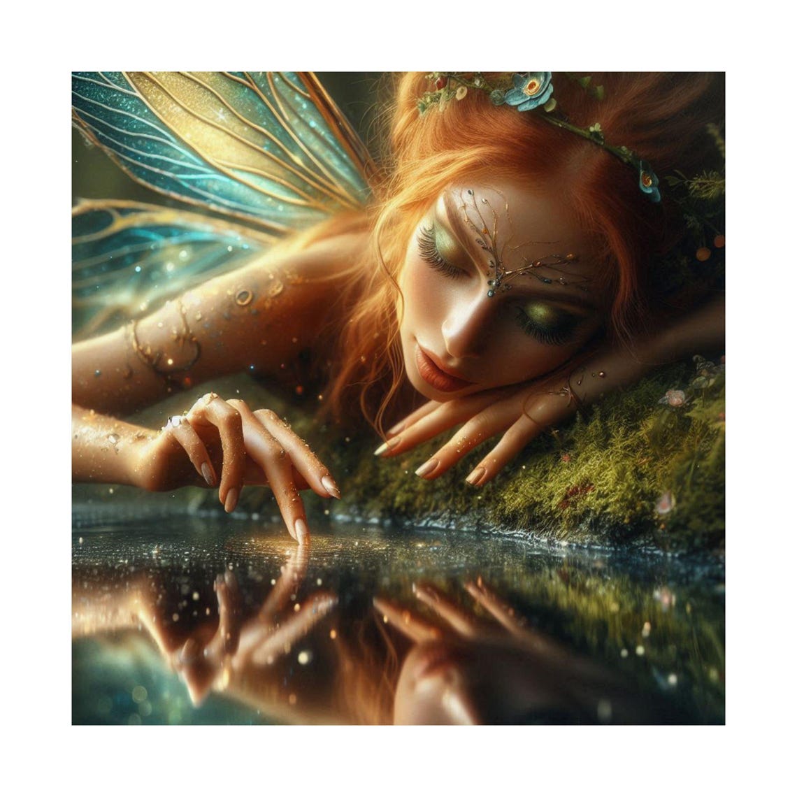 Red Haired Fairy Touching Water with a Golden Reflection Poster - Image 6