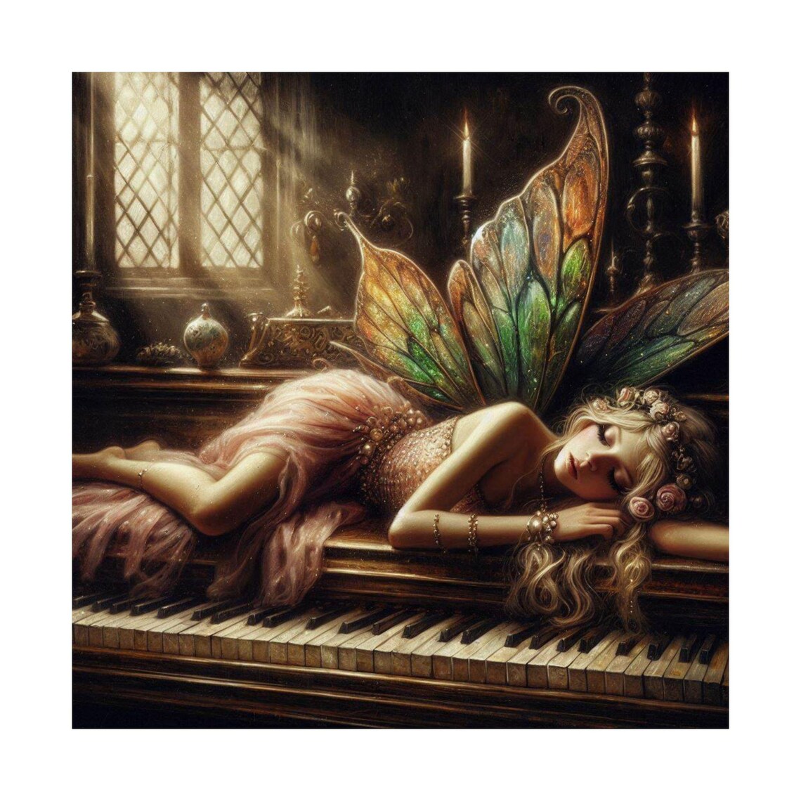Dreamy Sleeping Fairy With Wings Resting on a Grand Piano Art Poster - Image 6