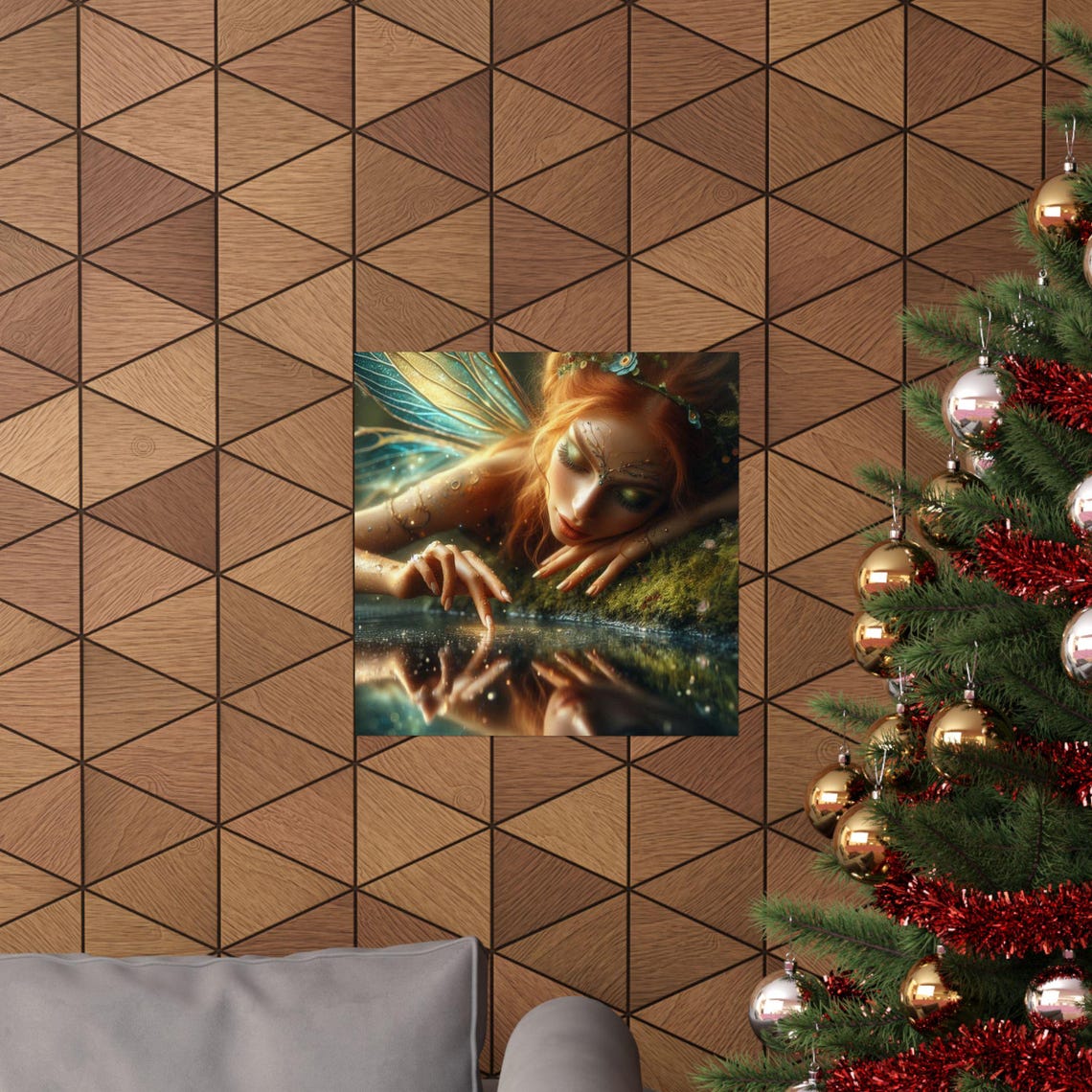 Red Haired Fairy Touching Water with a Golden Reflection Poster - Image 5