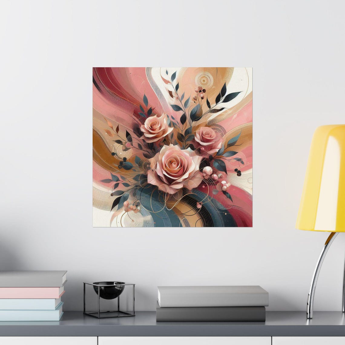 Blush Pink Roses with Flowing Abstract Swirls Botanical Art Poster - Image 2
