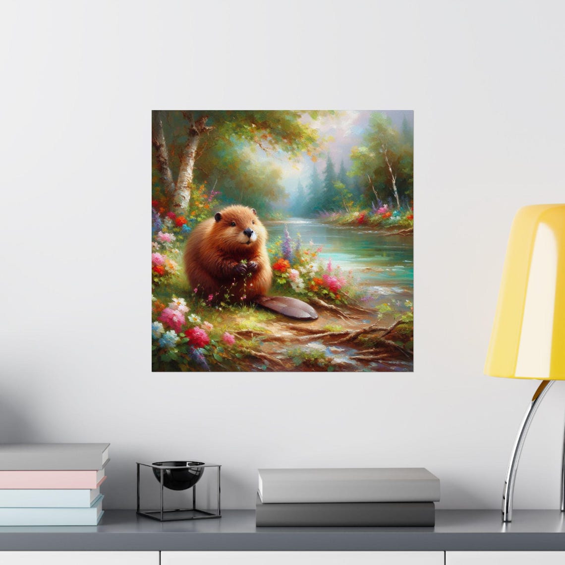 Cute Chubby Beaver Sitting by Forest River Wildflower Art Poster - Image 2