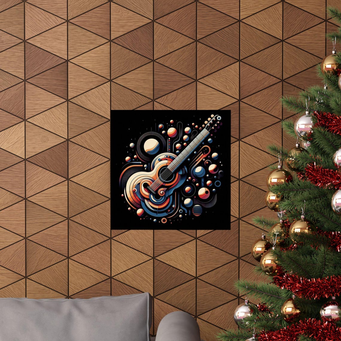 Abstract Acoustic Guitar with Planets Music Art Poster on Black - Image 6