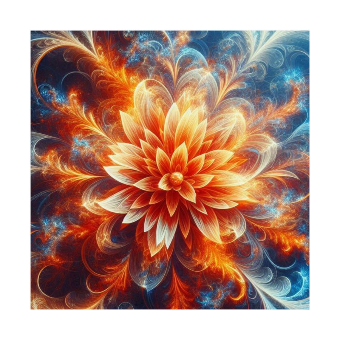 Fractal Fire Bloom Flower Abstract Poster in Orange and Blue Hues - Image 6