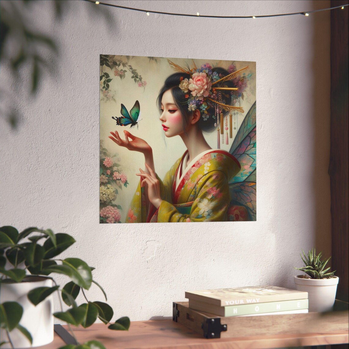 Elegant Geisha with Butterfly in Golden Kimono Japanese Art Poster - Image 4