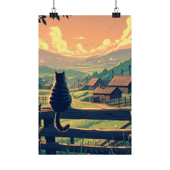 Tabby Cat Sitting on a Fence Watching a Village Sunset Poster