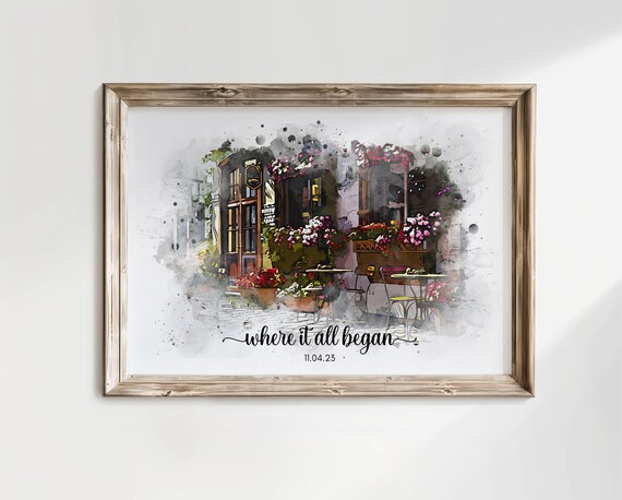Where It All Began Watercolor Cafe Custom Date Romantic Wall Art
