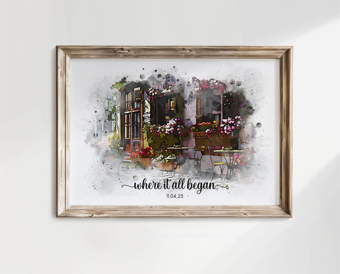 Where It All Began Watercolor Cafe Custom Date Romantic Wall Art