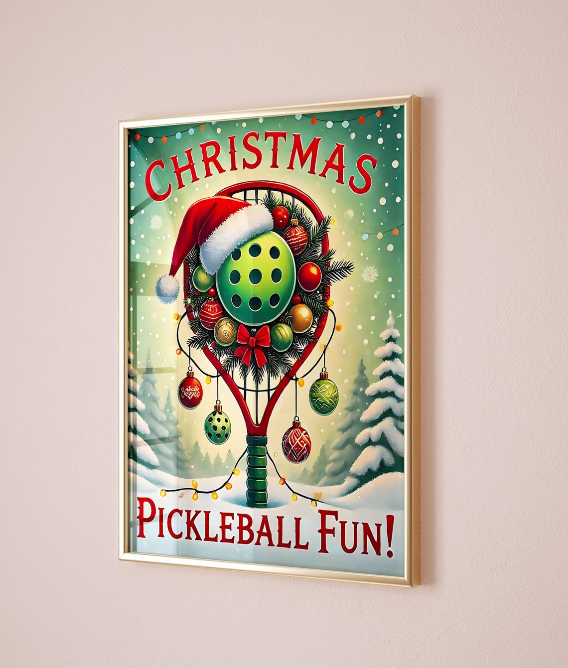 Christmas Pickleball Fun Santa Hat Racket Wreath Holiday Poster - Image 2