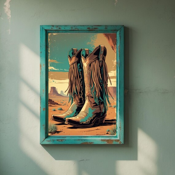 Fringed Cowboy Boots Desert Sunset Western Vintage Art Poster