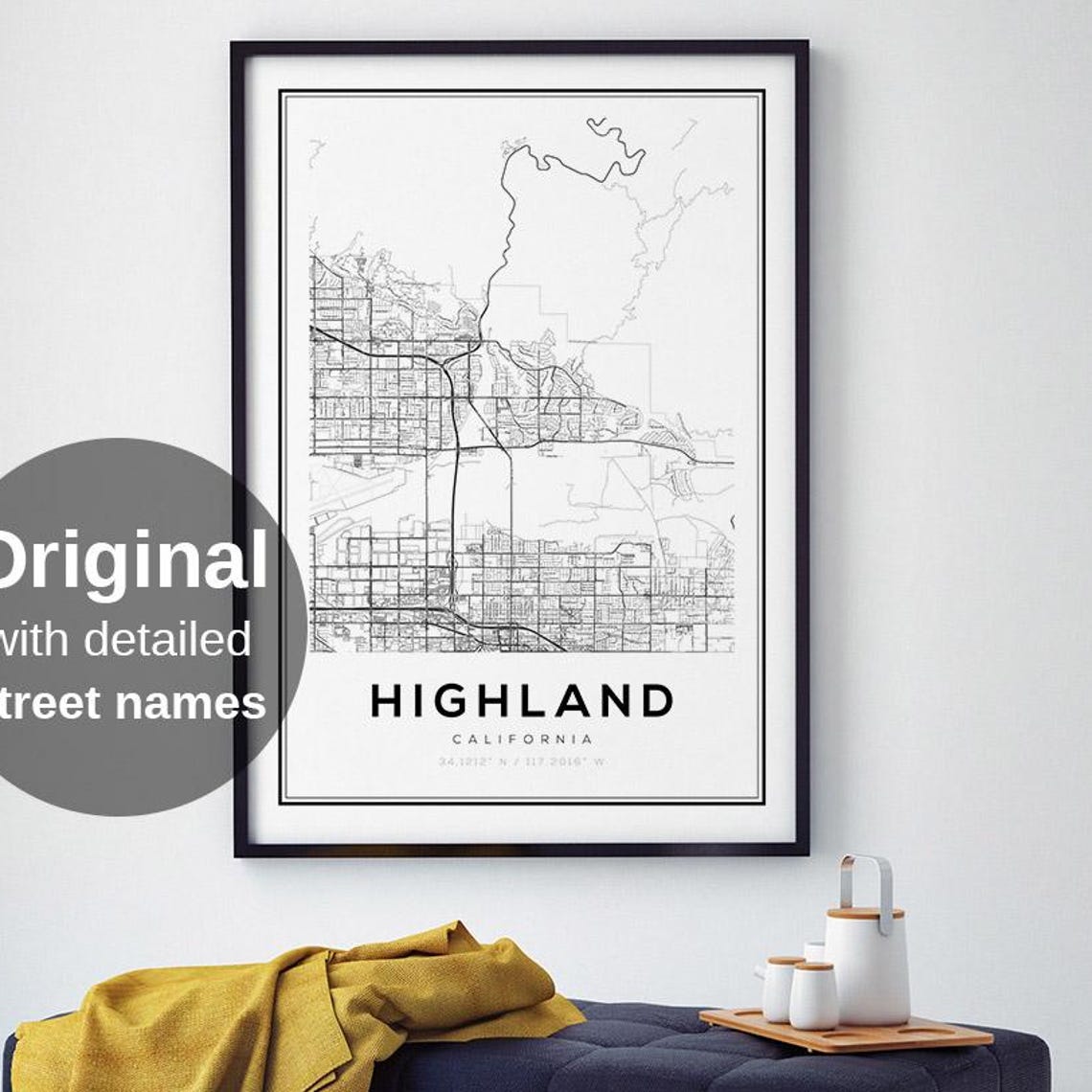 Highland California Minimalist Black White City Street Map Poster