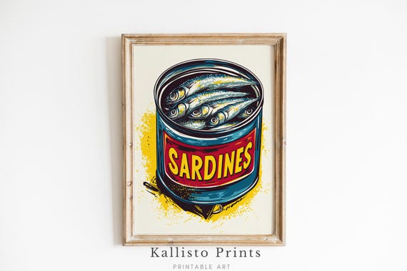 Retro Sardine Print Can Pop Art Vintage Kitchen Decor Bold Food Illustration Colorful Seafood Wall Quirky Gift For Lovers 943