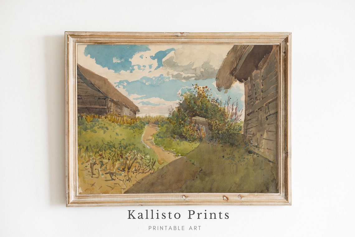 Sunny Countryside Path Between Rustic Barns Watercolor Farm Poster