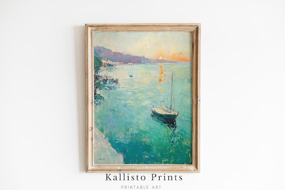 Serene Teal Harbor Sunset Impressionist Sailboat Seascape Poster