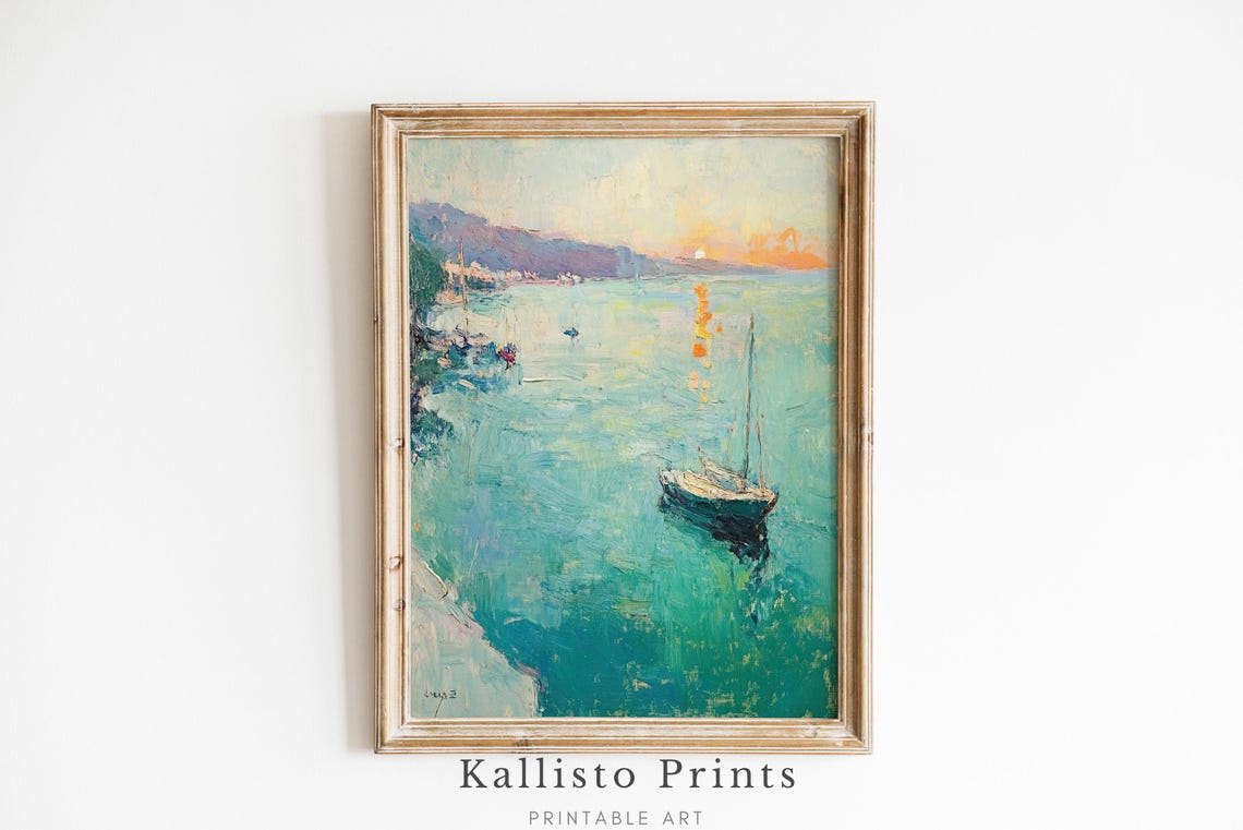 Serene Teal Harbor Sunset Impressionist Sailboat Seascape Poster