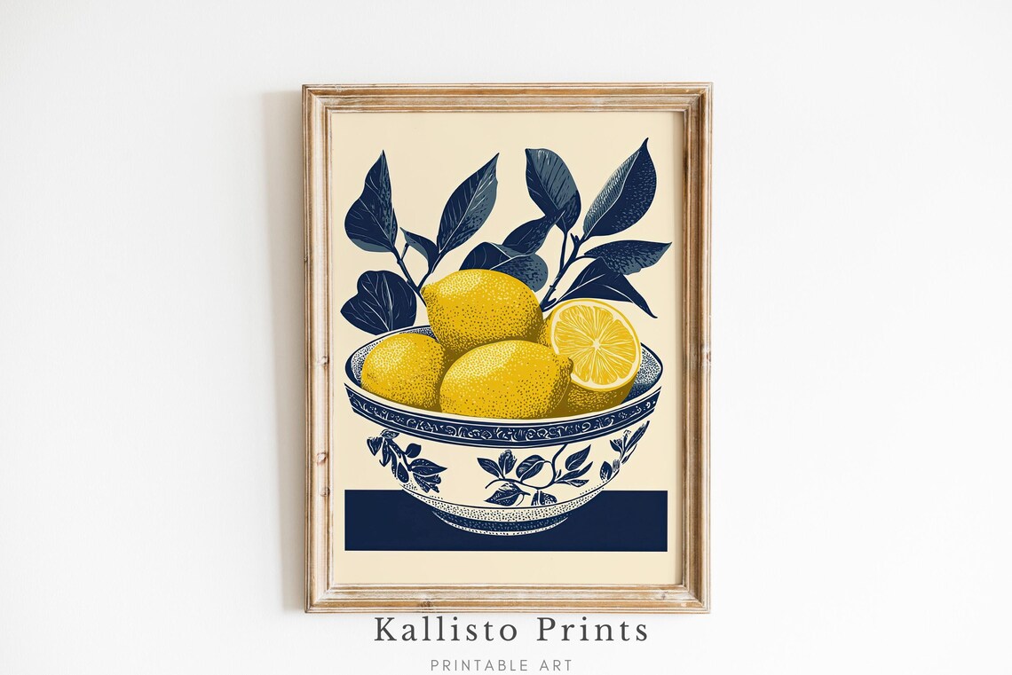 Lemon Bowl Still Life Blue White Chinoiserie Citrus Kitchen Art Poster