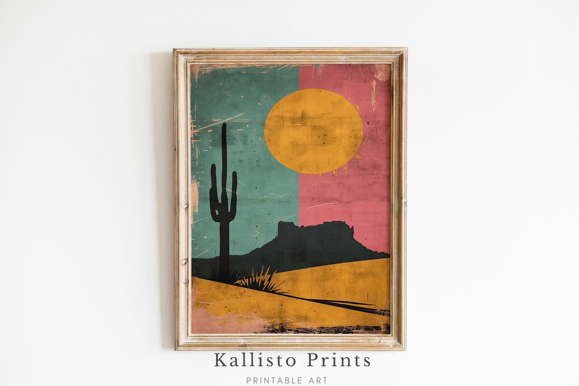 Vintage Desert Sun Cactus Mesa Retro Southwest Landscape Poster