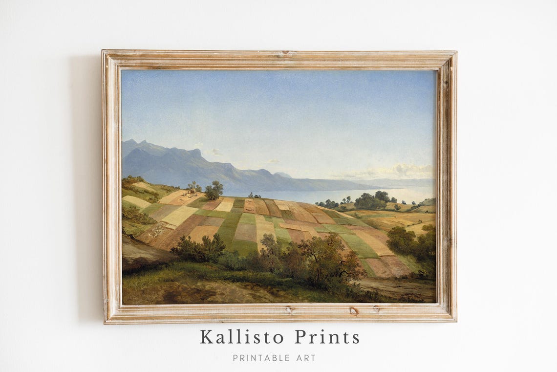Patchwork Farm Fields Painting Lakeside Hills Vintage Landscape Poster