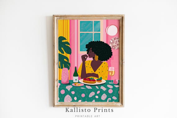 Modern Afrocentric Wall Art Bold Colorful Portrait Print Woman In Yellow Dress Retro Decor Art391