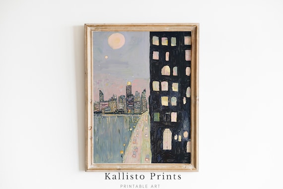 City Night Skyline Full Moon Glowing Windows Moody Art Poster