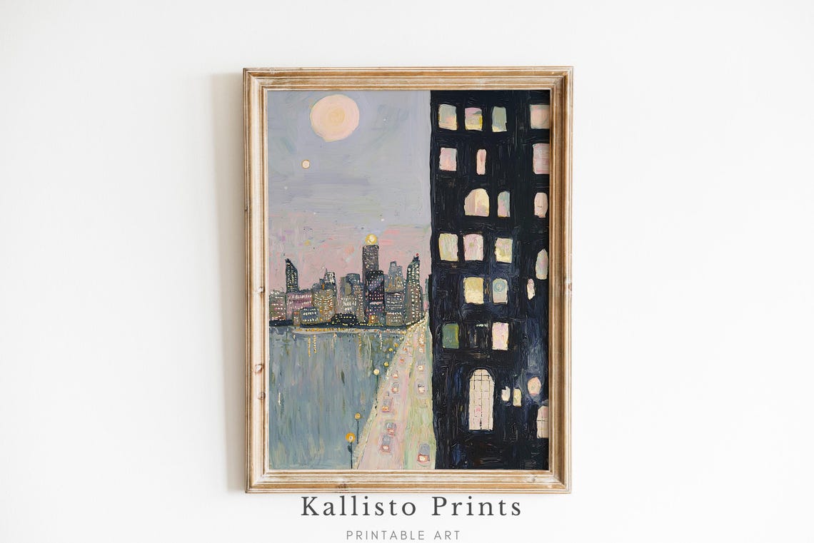 City Night Skyline Full Moon Glowing Windows Moody Art Poster