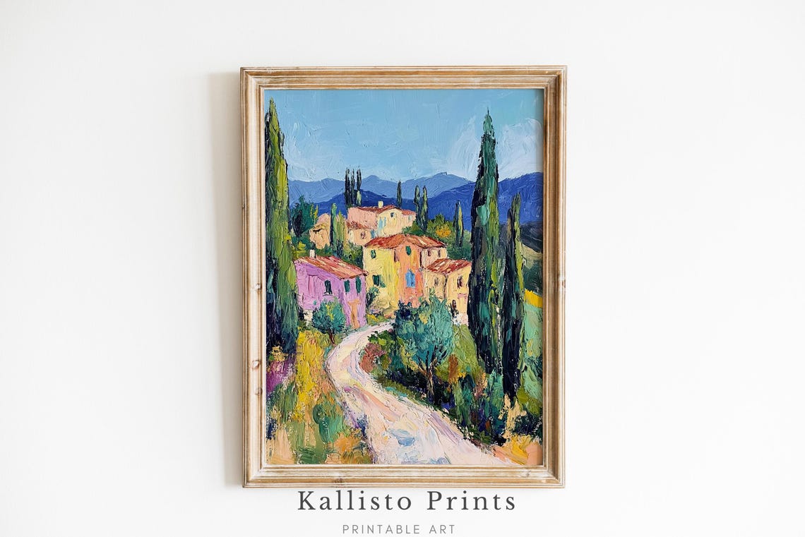 Tuscan Village Cypress Hillside Winding Road Impressionist Poster