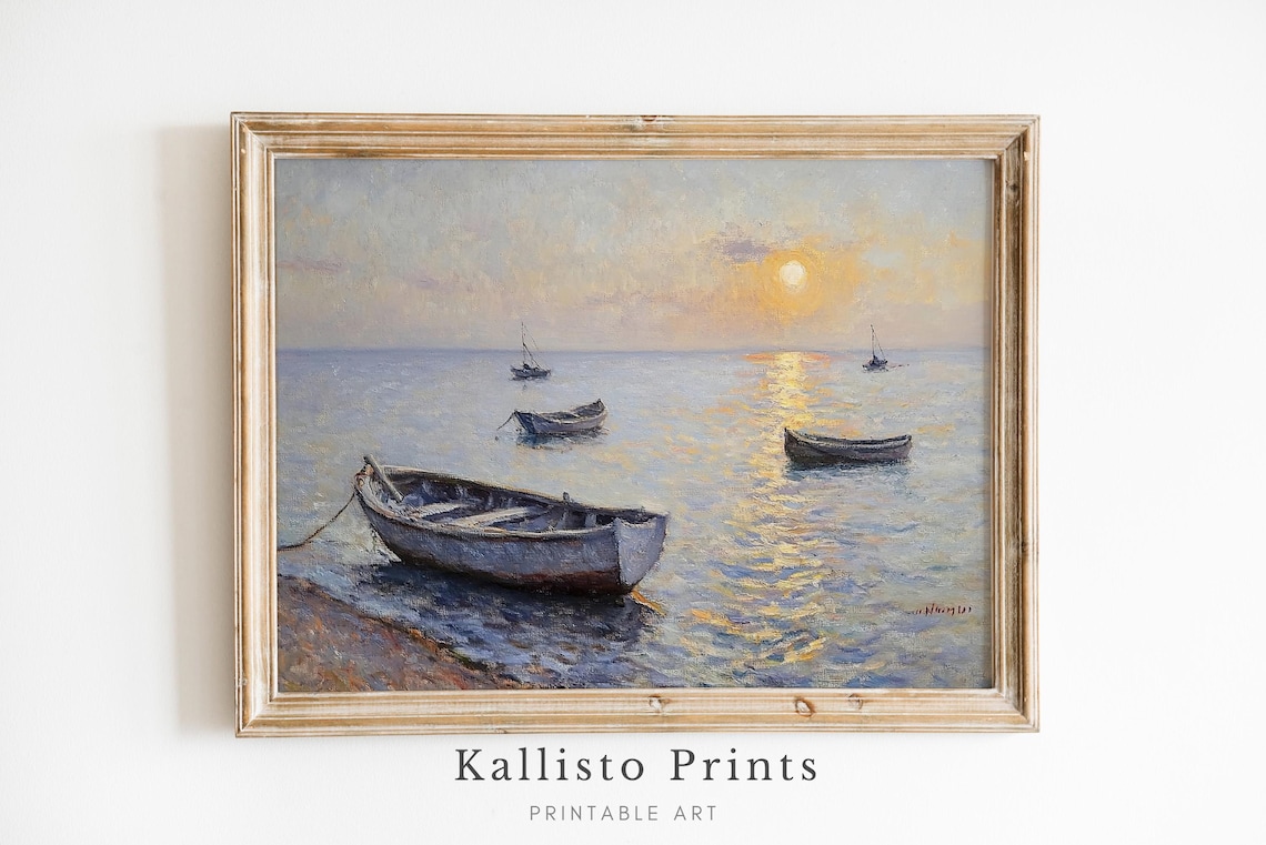 Rowboats On Calm Water At Sunset Impressionist Seascape Poster