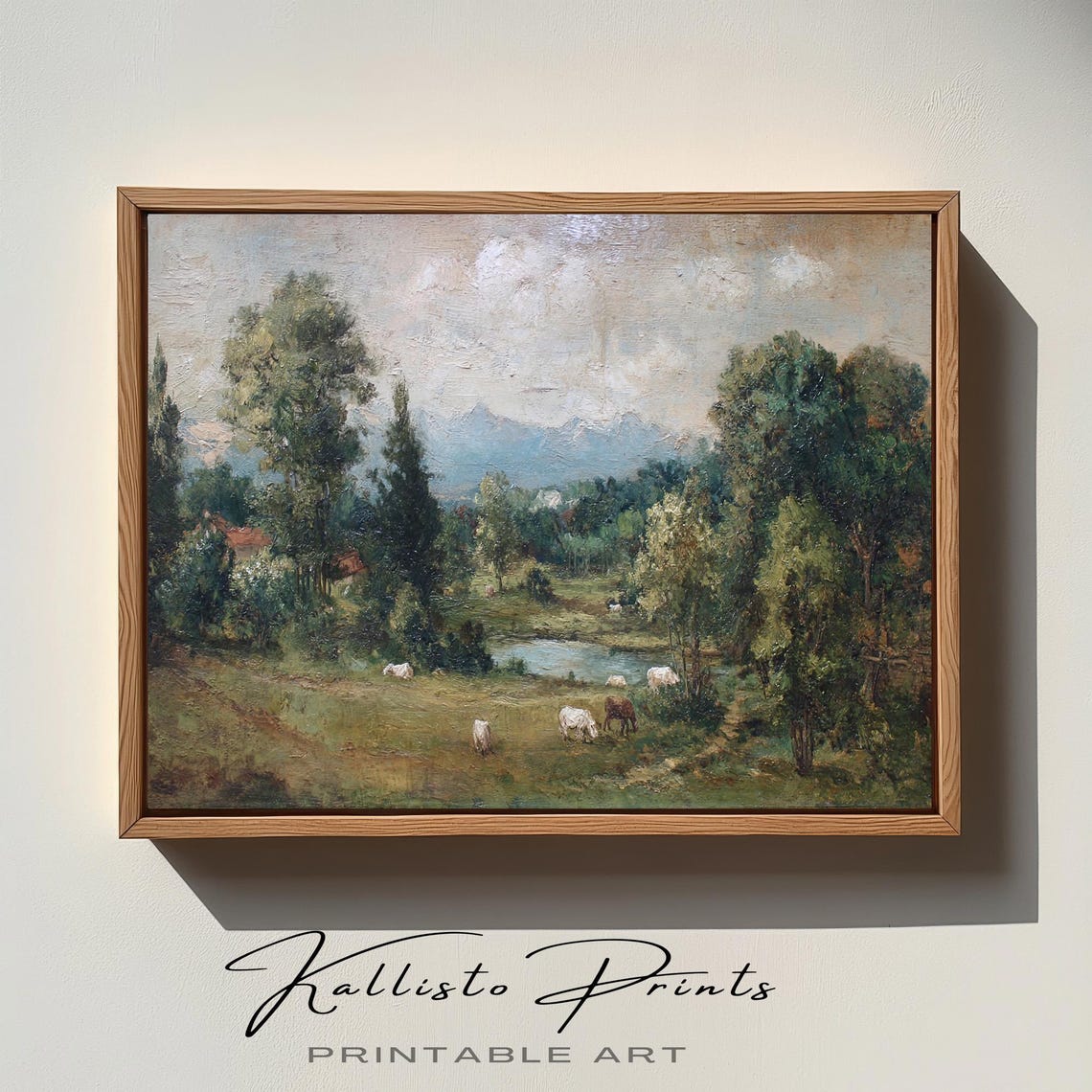 Vintage Countryside Cows By Pond Mountain Landscape Art Poster