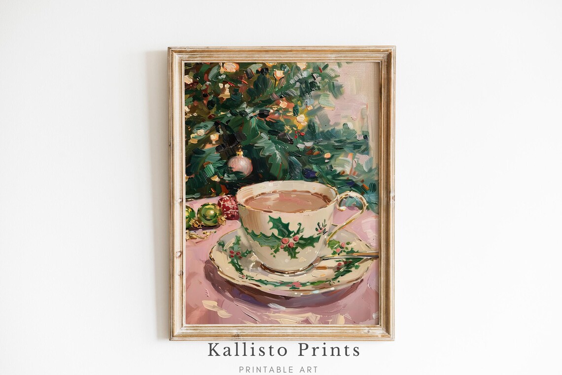 Christmas Teacup Painting, Vintage Holiday Decor Print