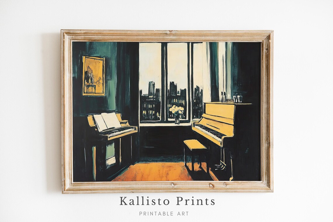 Two Pianos In Moody City Apartment Warm Window Light Painting Poster