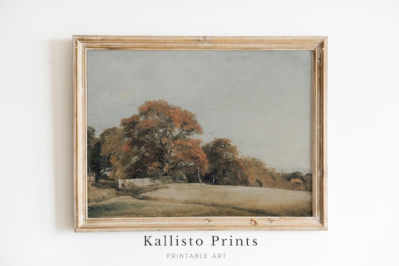 Golden Autumn Tree Over Quiet Fields Vintage Fall Landscape Poster