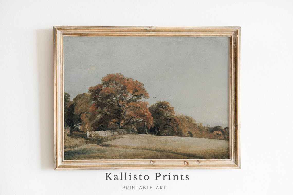 Golden Autumn Tree Over Quiet Fields Vintage Fall Landscape Poster