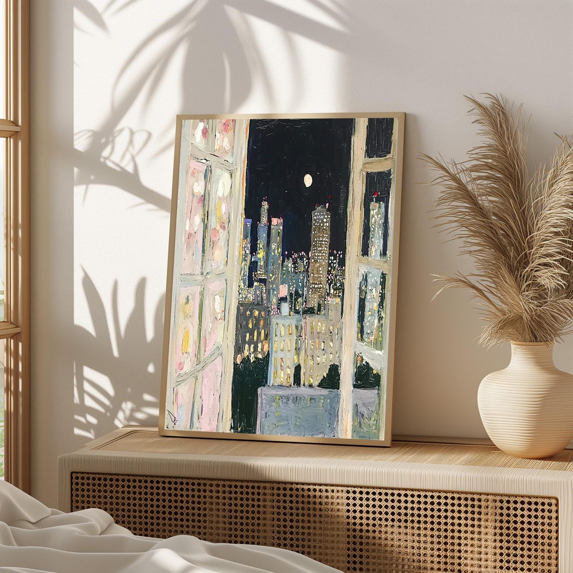 Romantic Cityscape Window View, Impressionist City Lights