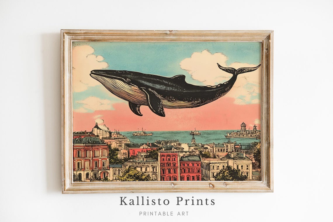 Surreal Whale Cityscape Art Print, Whimsical Fantasy Decor