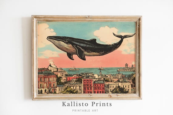 Surreal Whale Cityscape Art Print, Whimsical Fantasy Decor