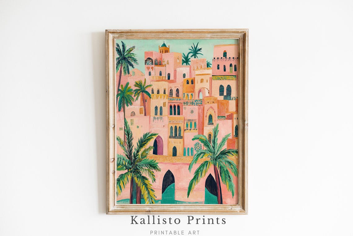 Mediterranean Old Town Palm Trees Terracotta Buildings Travel Poster